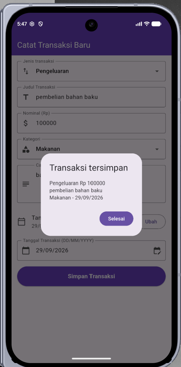 Output dialog transaksi tersimpan